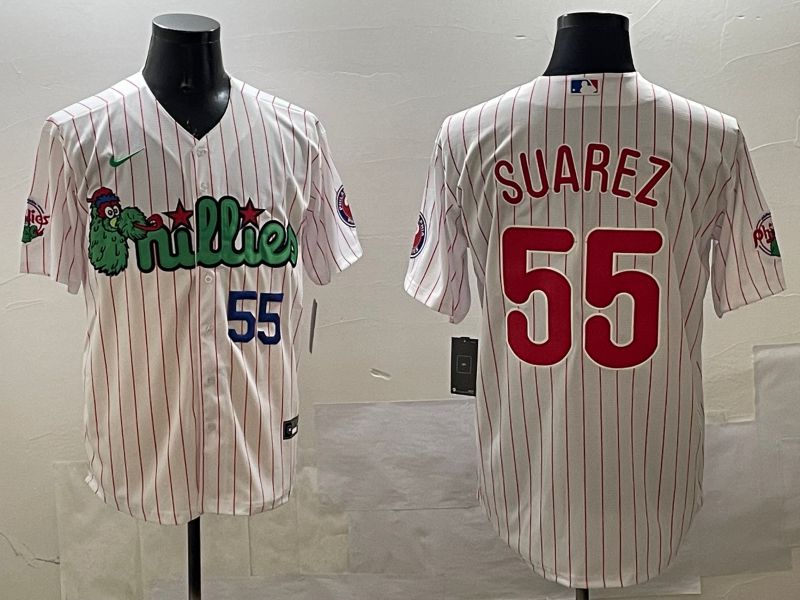 Men Philadelphia Phillies #55 Suarez White Stripe Three generations Joint Name Game 2025 Nike MLB Jersey style 3